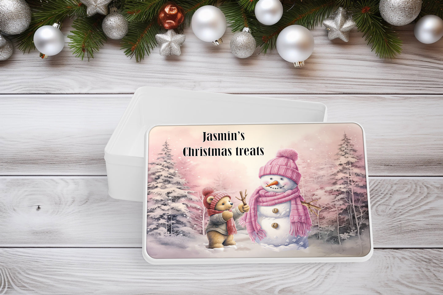 Personalised Teddy bear building a snowman treat tin image 0