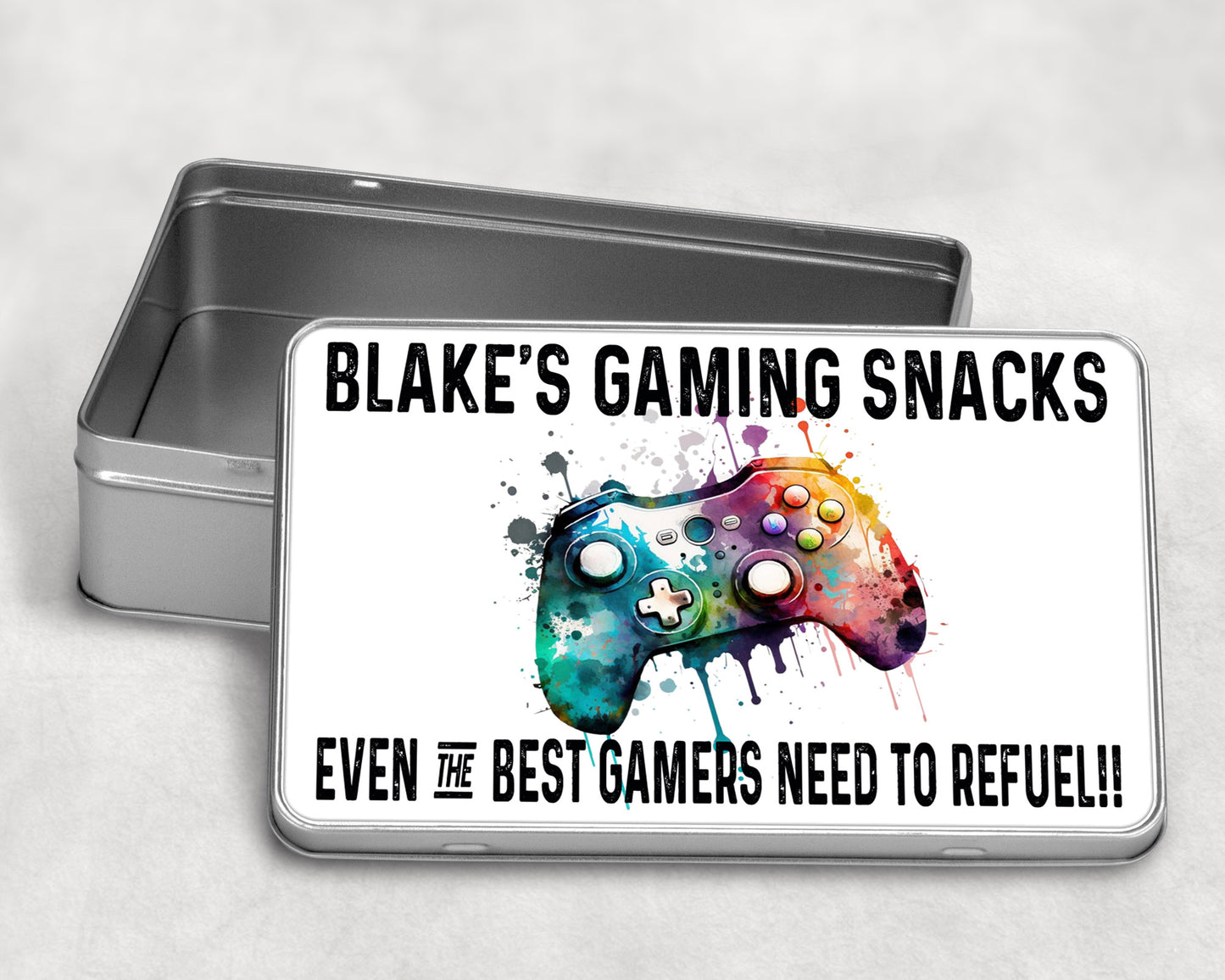 Personalised Gamer snack tins colour splat image 0