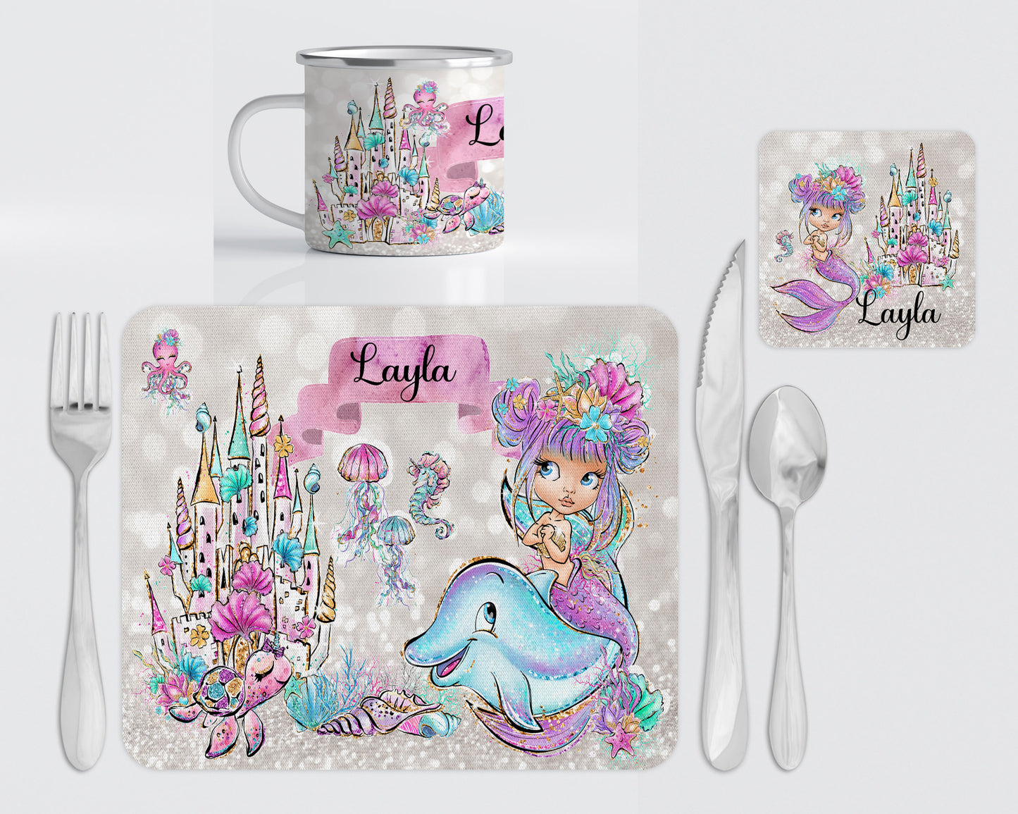 Personalised Mermaid castle dinner place set image 0