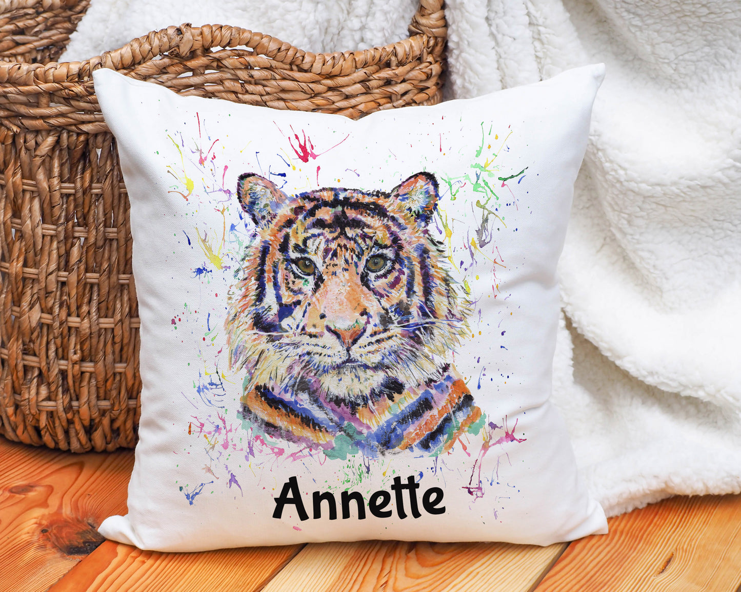 Tiger colour splat personalised cushion image 0