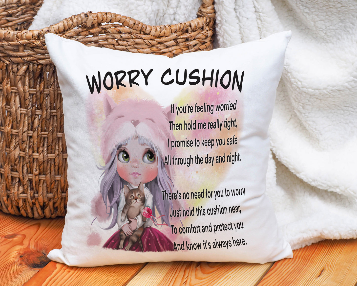 Girl and Cat Worry Cushion image 0