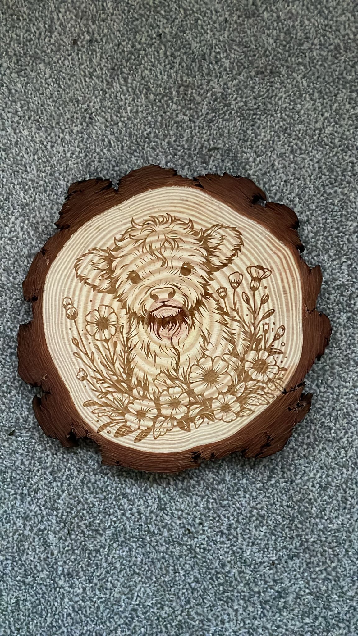 Highland cow with flowers wooden slice art