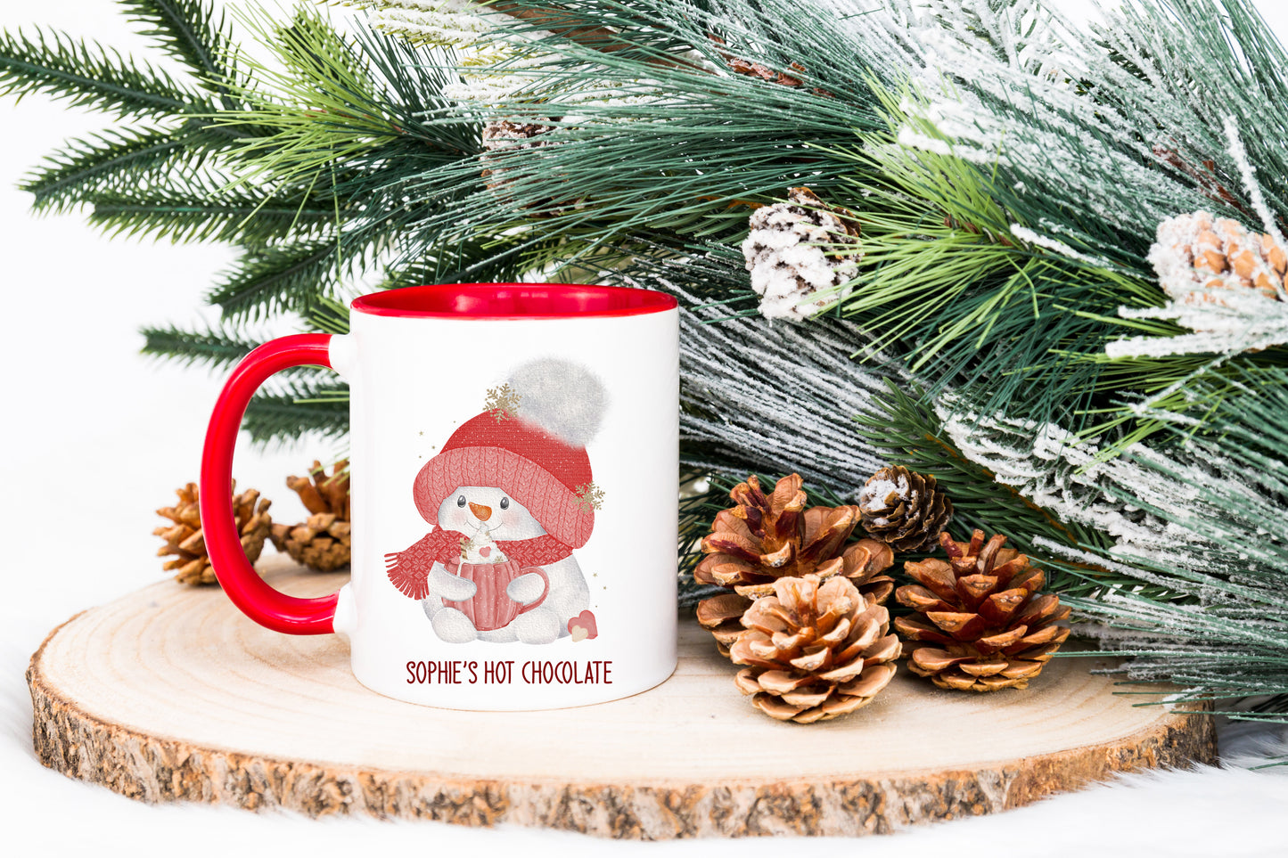 Cute red Snowman Personalised Hot Chocolate Mug red handle