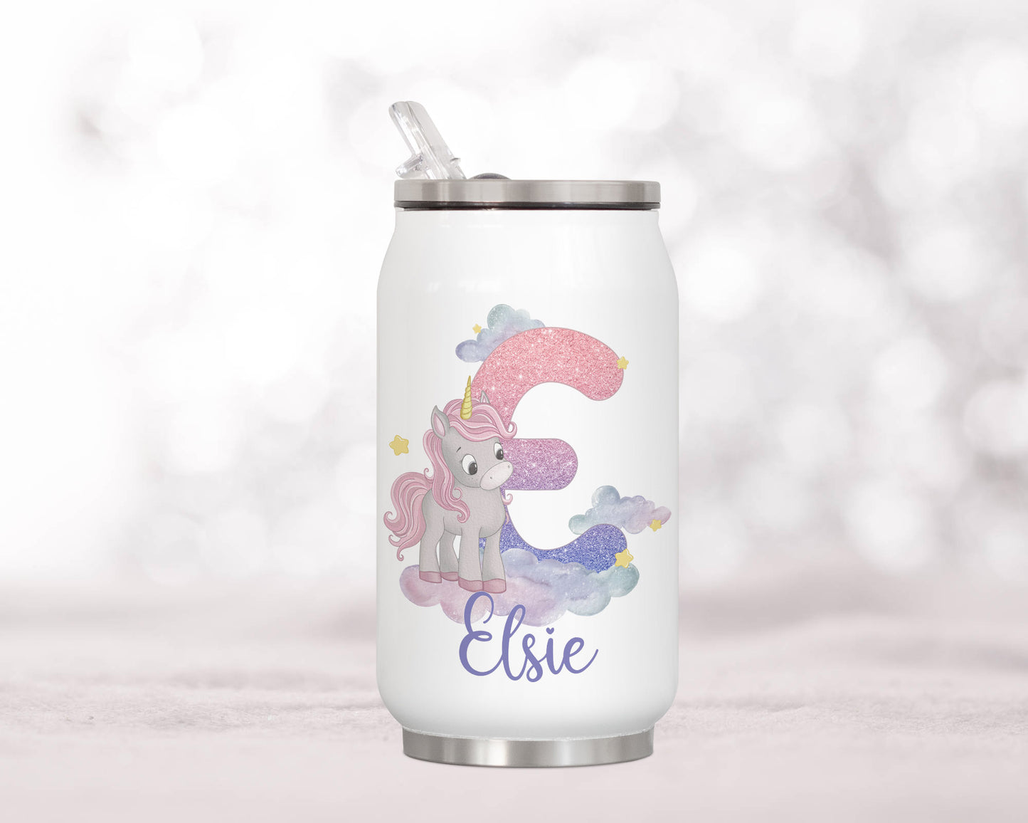 Pink unicorn personalised drinking can image 0