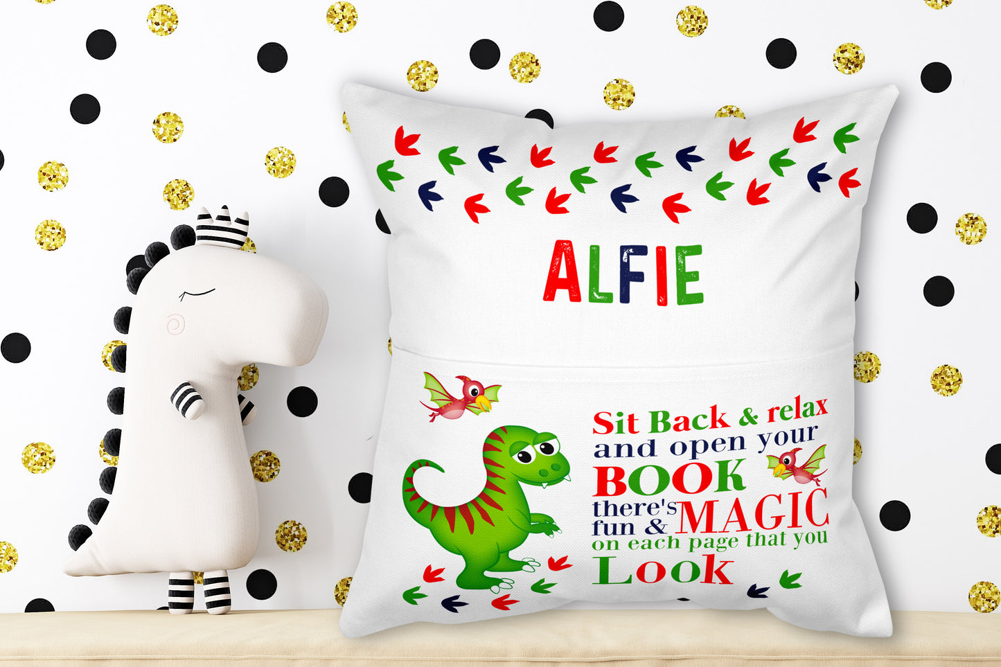 Dino Sit back and relax personalised book cushion