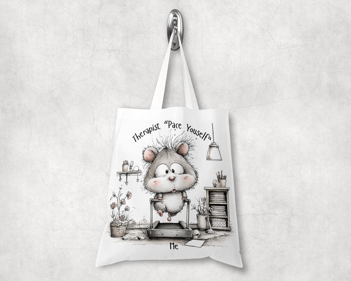 Hamster on a treadmill therapist tote bag