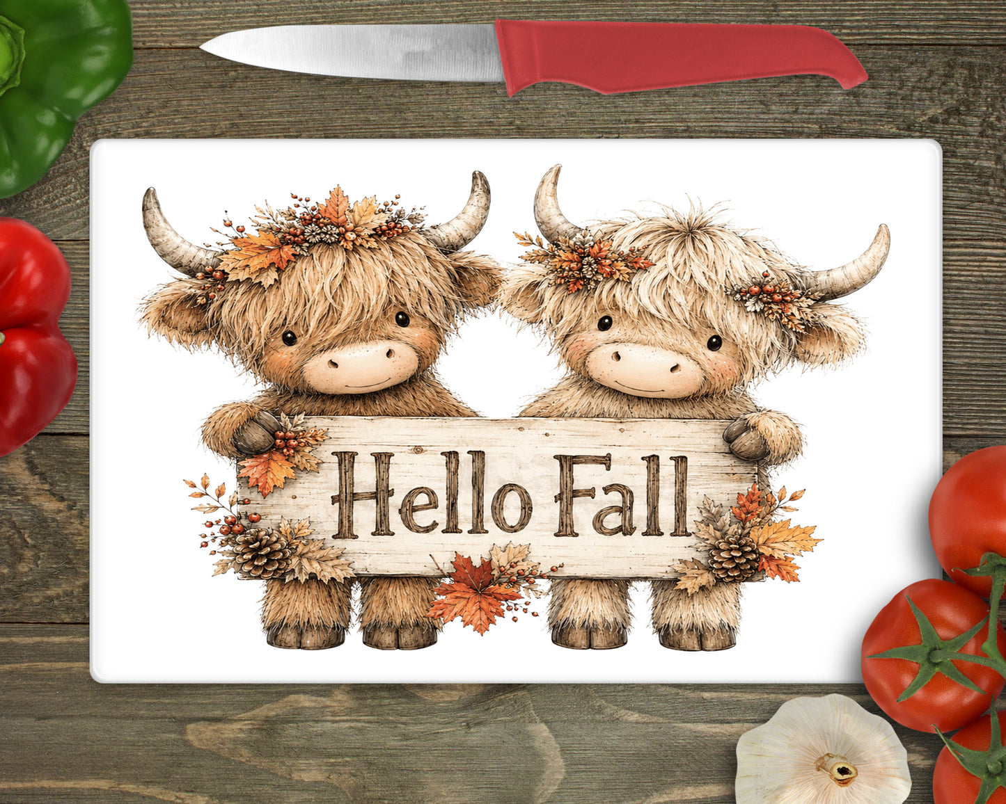 Hello Fall Highland cow Autumnal Chopping board/ worktop saver