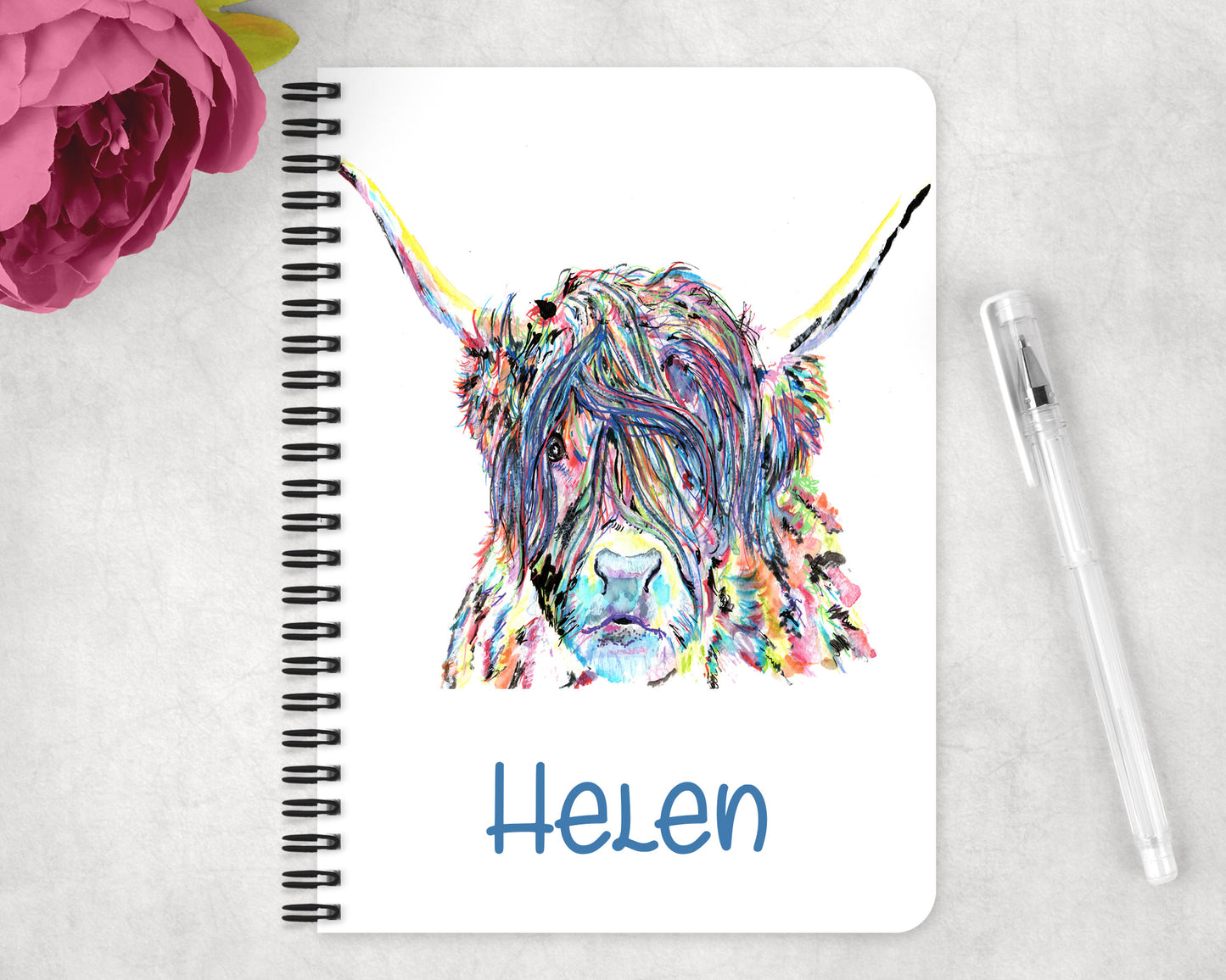 Highland cow splatter effect personalised plastic A5 notebook