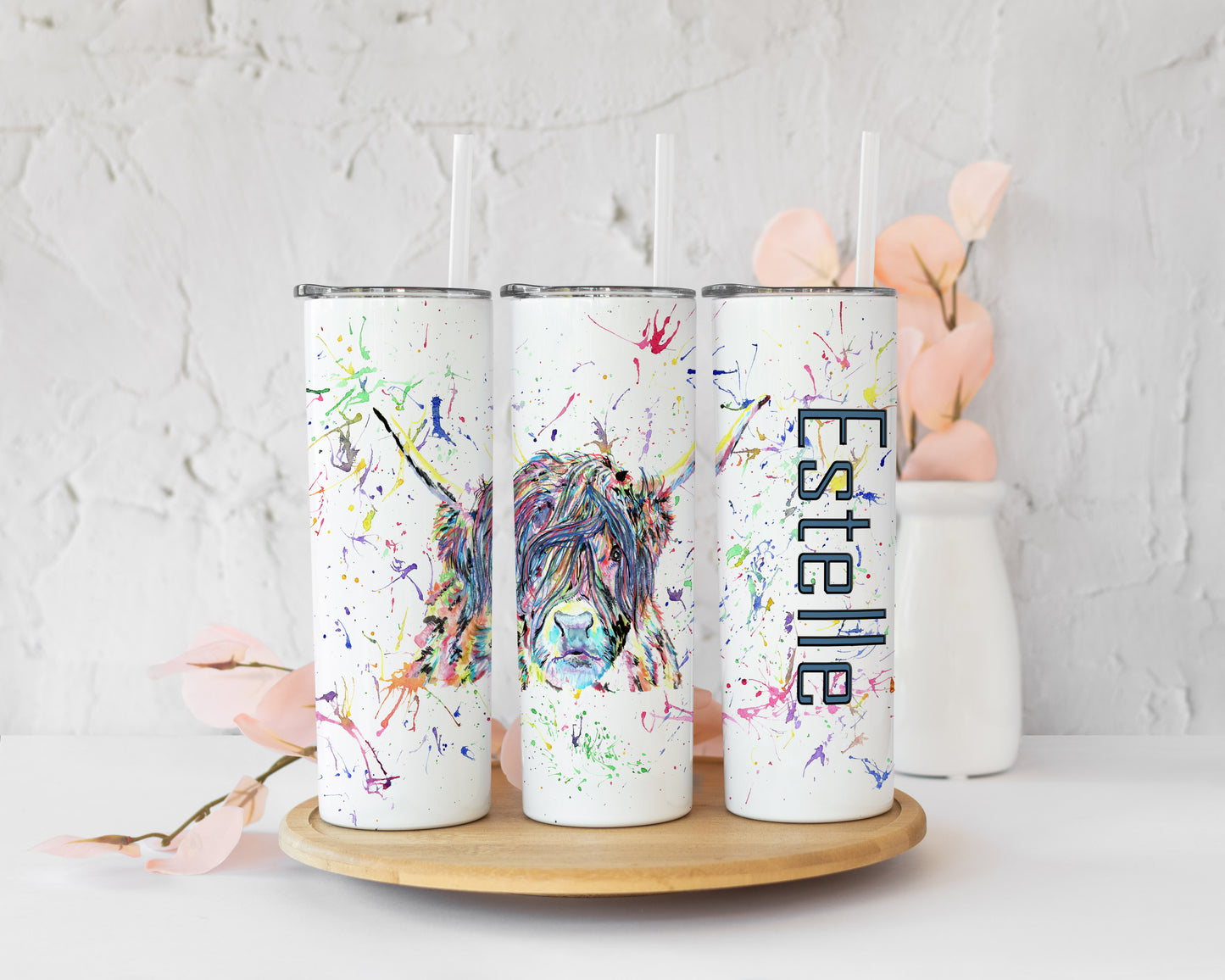 Highland Cow Colour Splash Skinny Tumbler Personalised