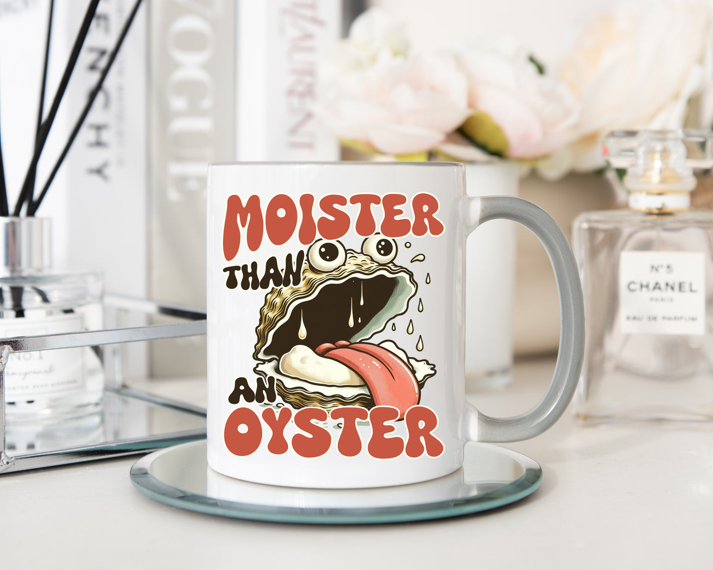 Moister than an Oyster grey handle mug
