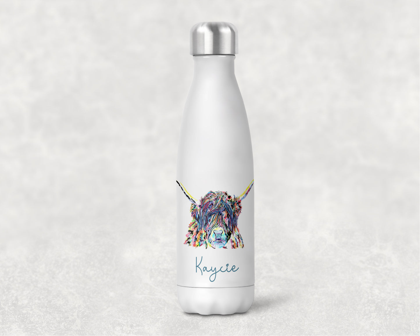 Highland Cow Splatter effect Personalised Water Bottle image 0