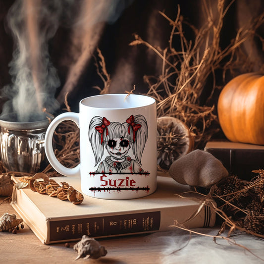 Horror doll personalised mug white image 0