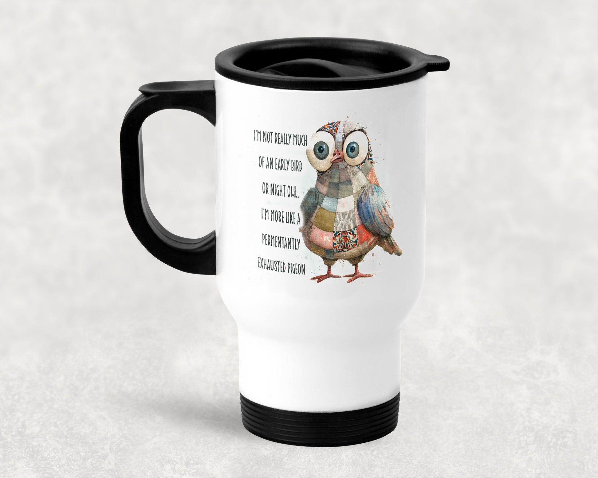 Permanently exhausted pigeon quirky novelty travel mug image 0