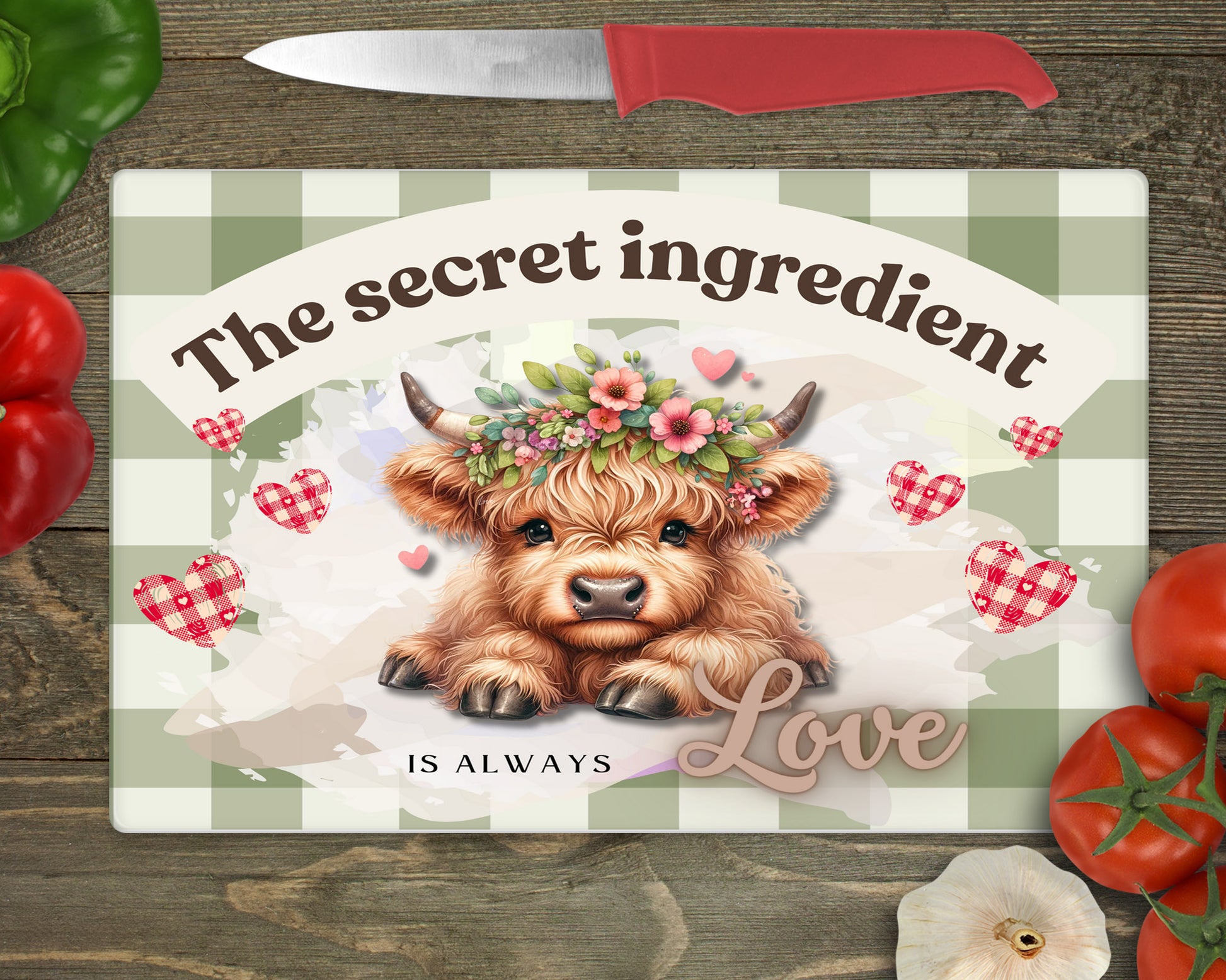 The secret ingredient is always love highland cow chopping board worktop saver image 0