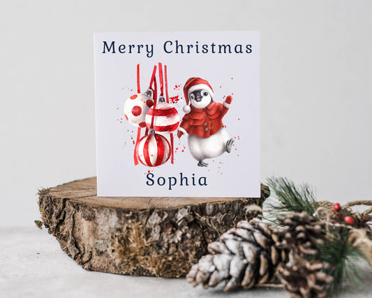 Personalised Merry Christmas Red Penguin Christmas Card image 0