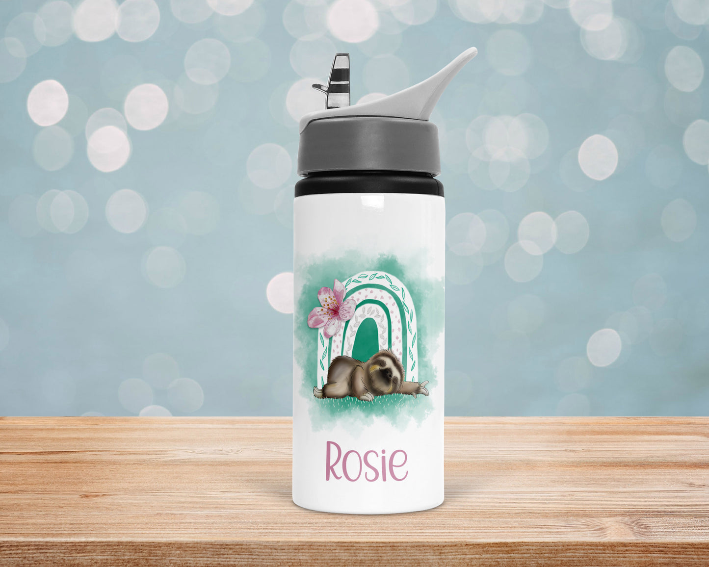 Personalised Sloth Rainbow Water Bottle image 0