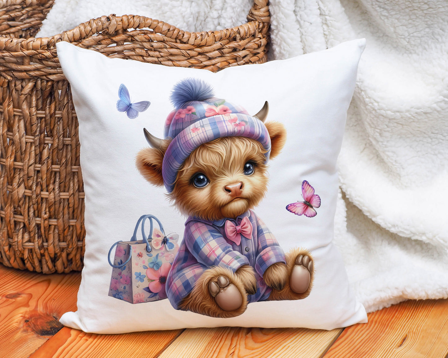 Baby Highland Cow and Butterflies cushion image 0