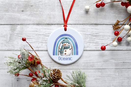 Blue snowman rainbow christmas ceramic bauble decoration personalised image 0