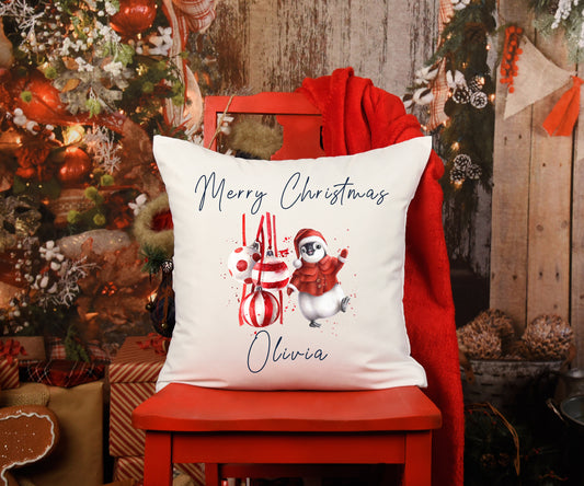 Merry Christmas Red penguin Personalised Cushion image 0