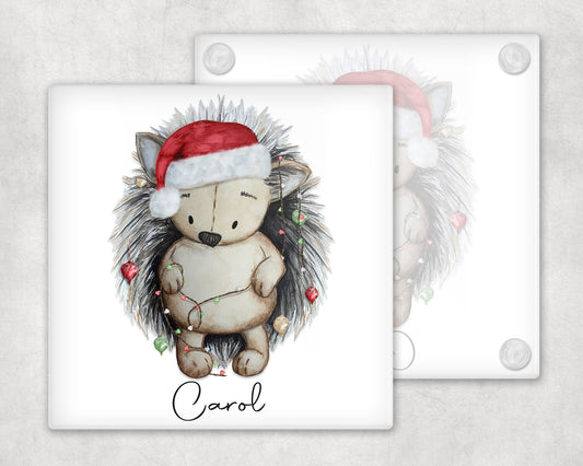 Personalised Christmas Hedgehog Glass Coaster image 0