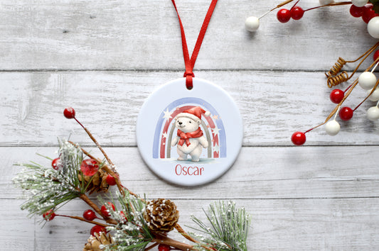 Polar Bear Rainbow Christmas Hanging Ceramic Decoration Personalised image 0