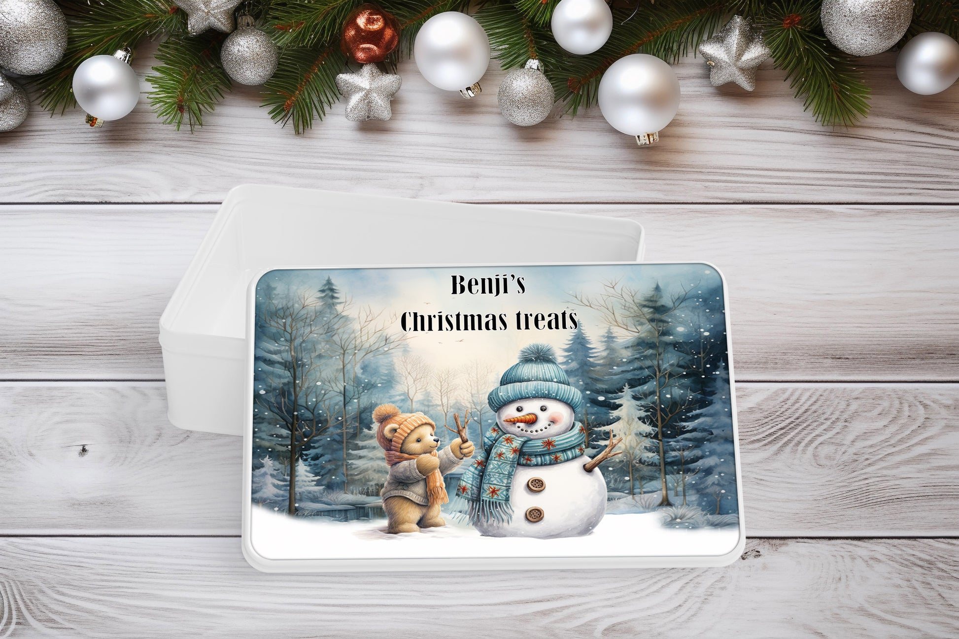 Personalised Teddy bear building a snowman treat tin image 0