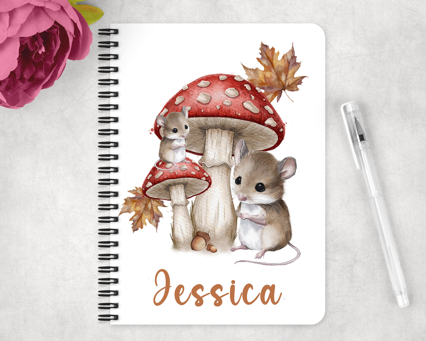 Woodland mice and mushrooms personalised plastic notebook image 0