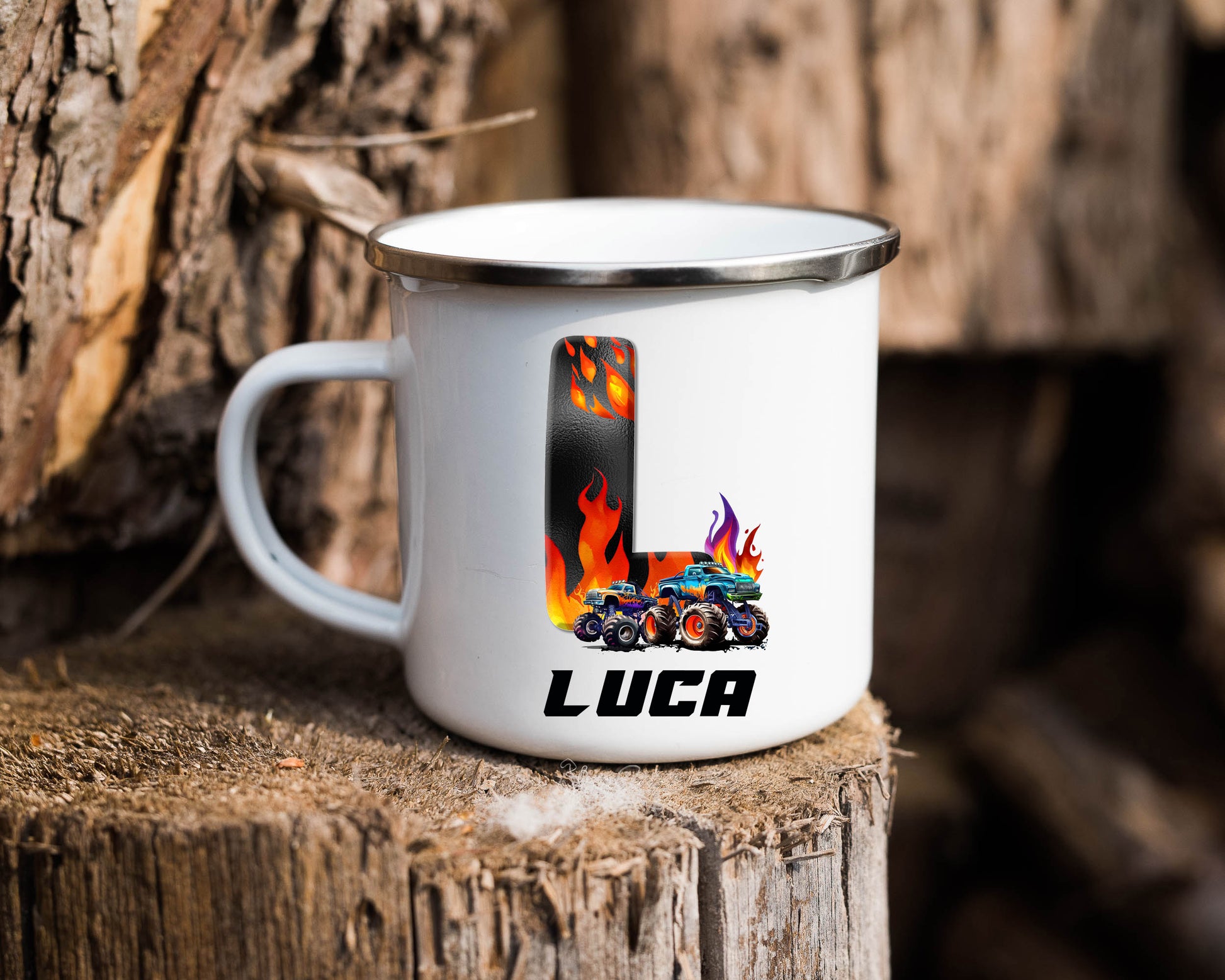 Monster truck personalised enamel mug image 0
