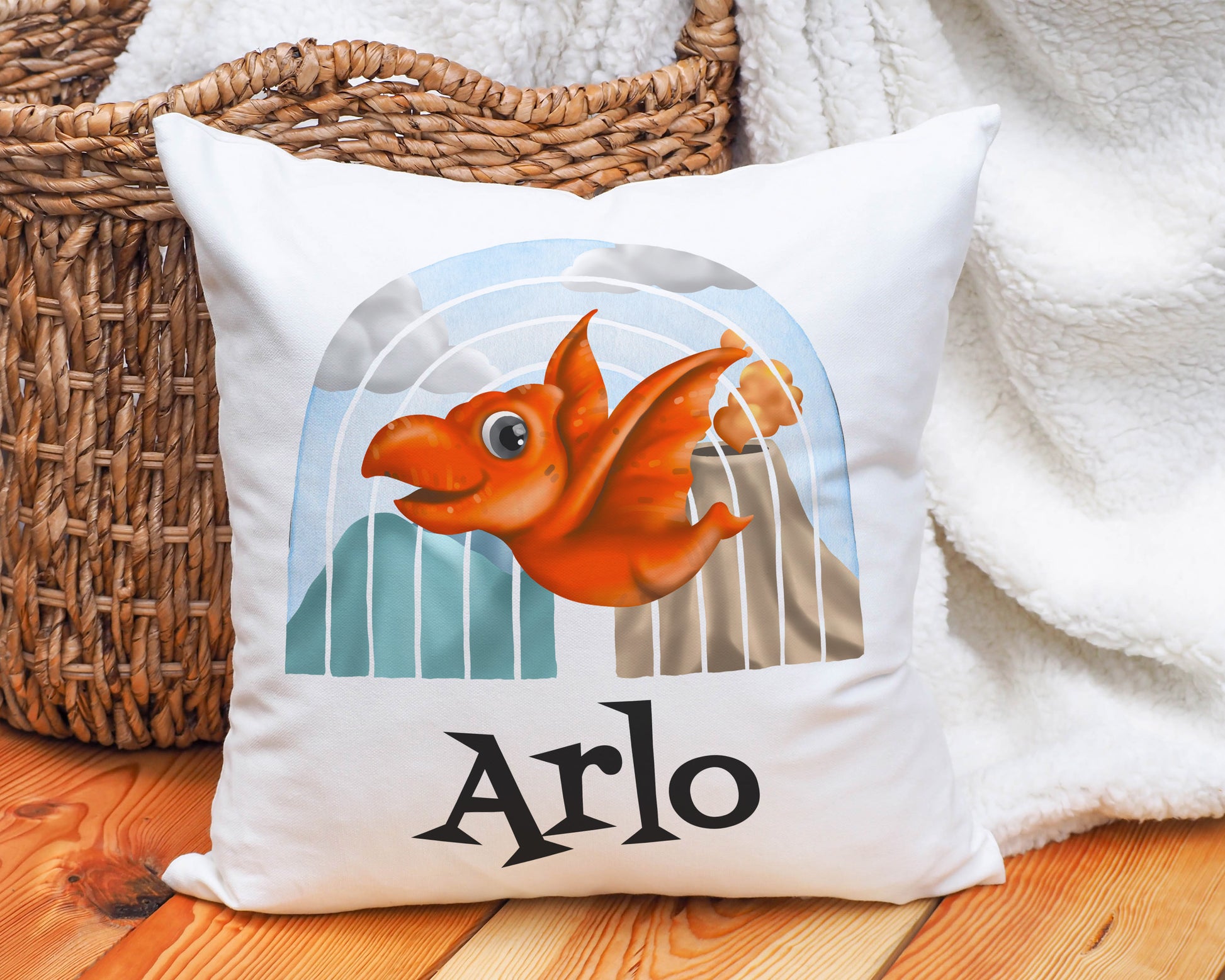 Orange Flying Baby Dino Personalised Cushion image 0