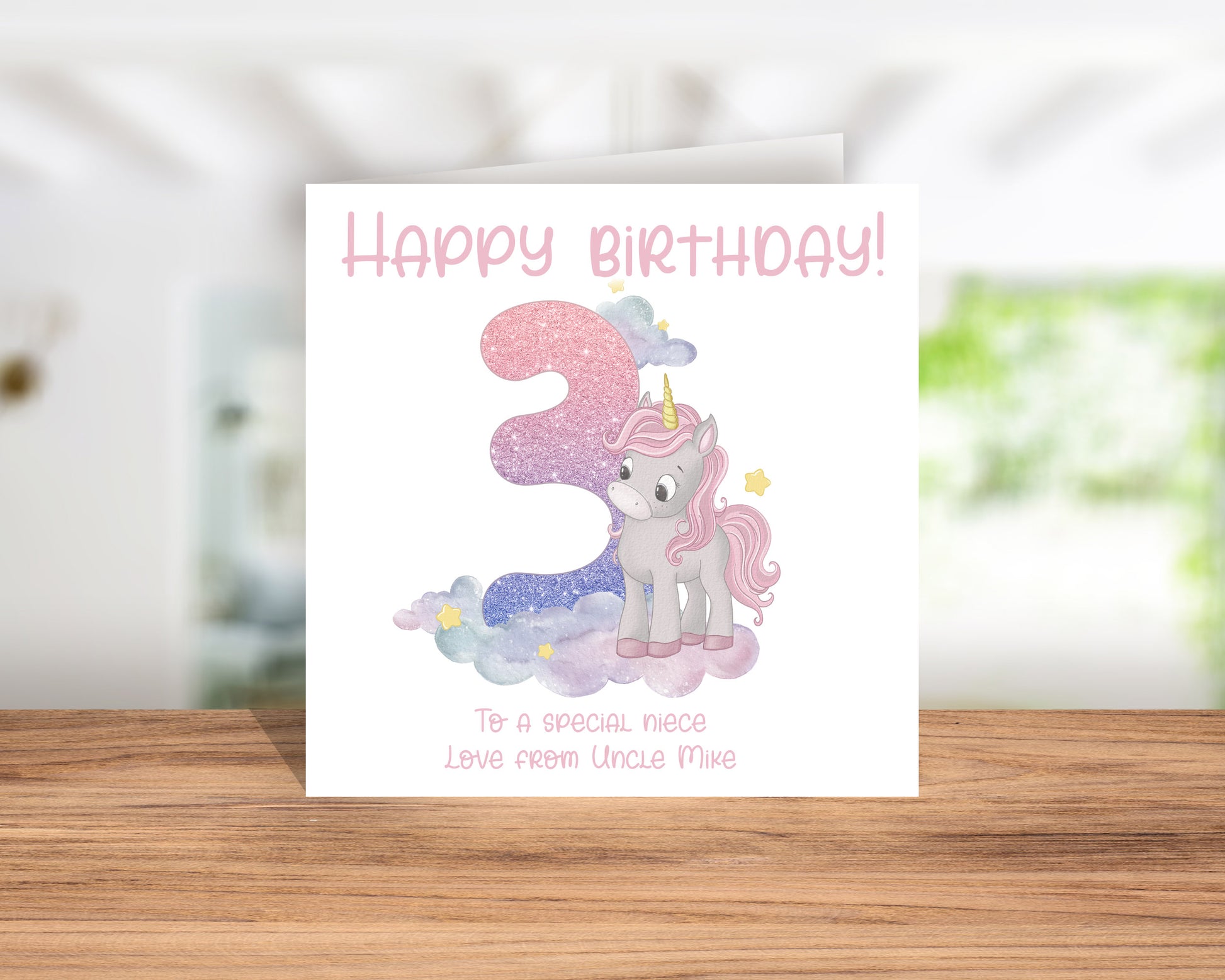 Pink unicorn birthday card personalised with age and short message image 0