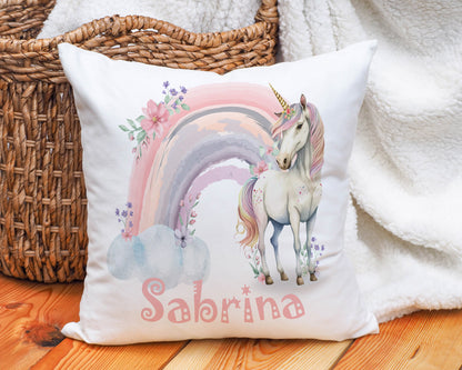 Unicorn Floral Rainbow Personalised Cushion image 0