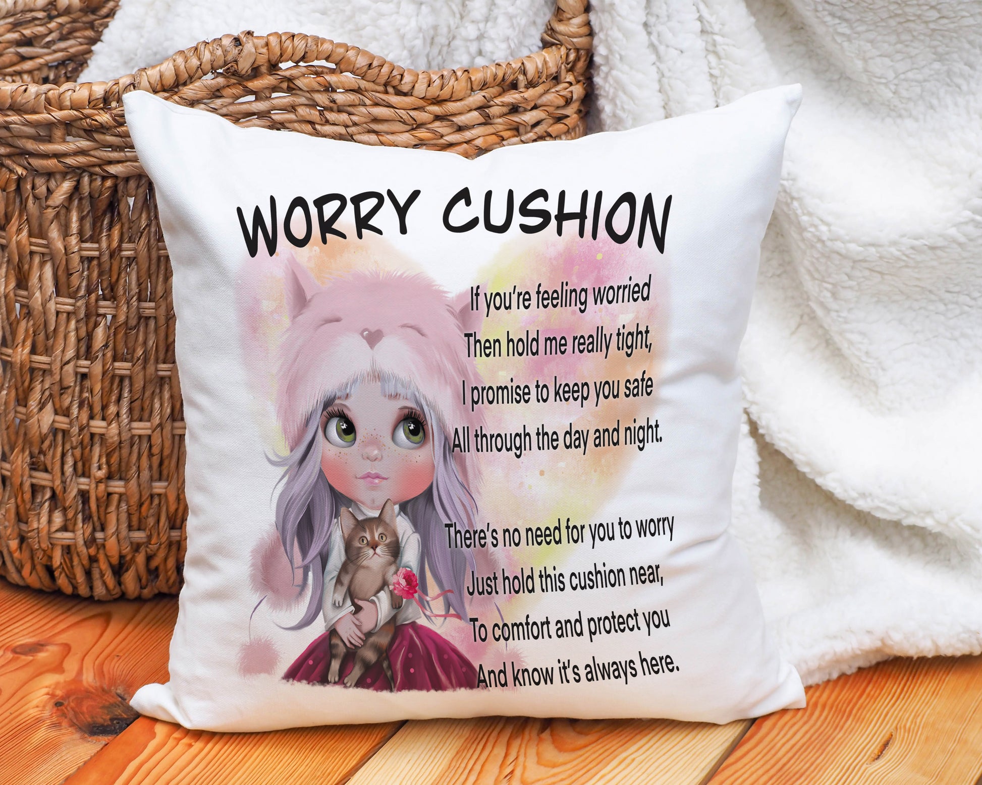 Girl and Cat Worry Cushion image 0