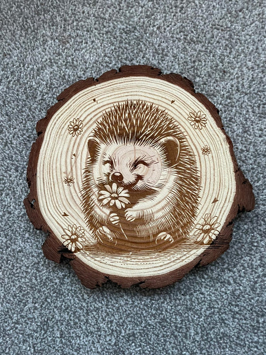 Hedgehog with Daisies wooden slice art