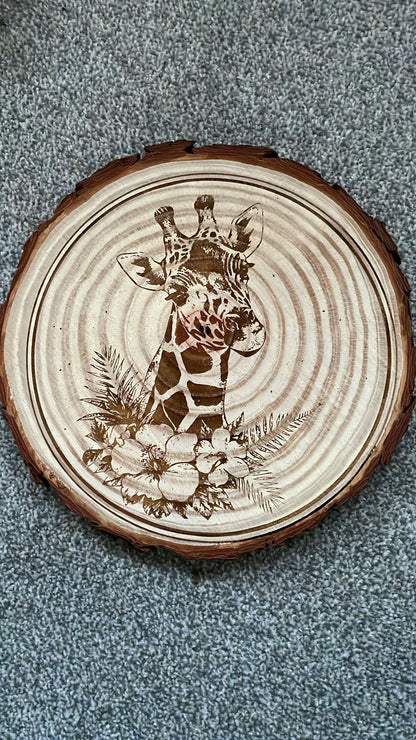 Giraffe with flowers wooden slice art