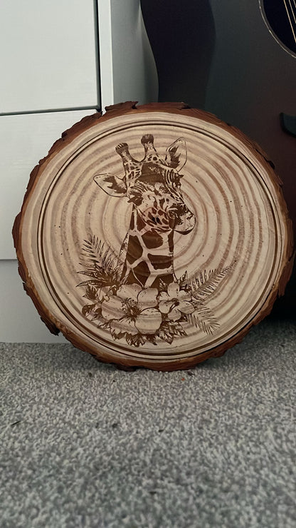 Giraffe with flowers wooden slice art