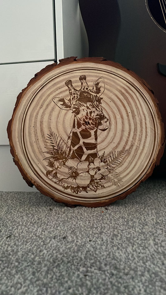 Giraffe with flowers wooden slice art