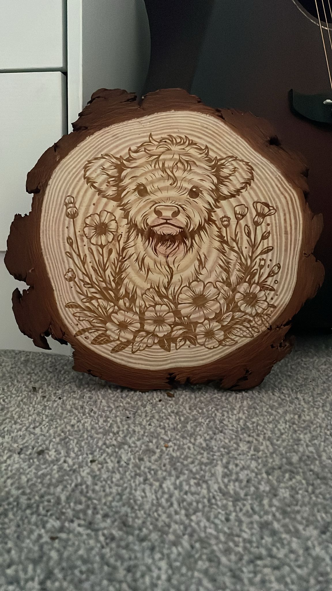 Highland cow with flowers wooden slice art