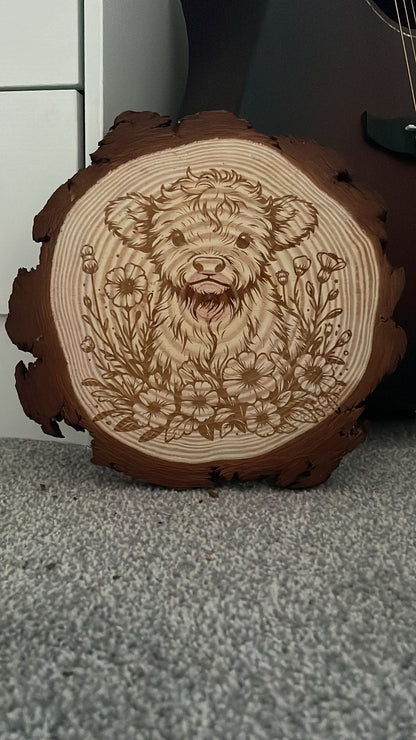 Highland cow with flowers wooden slice art