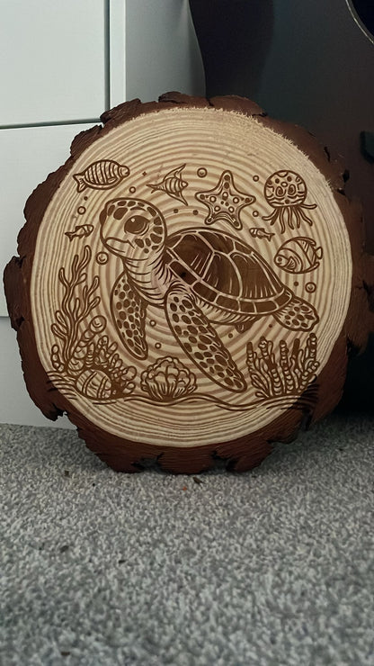 Turtle sea life wooden slice art