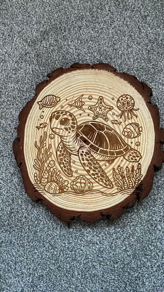 Turtle sea life wooden slice art