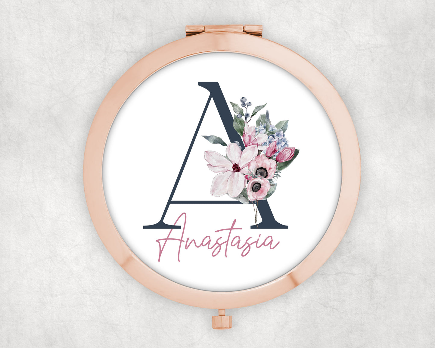 Navy and Rose Gold Personalised Pocket Mirror