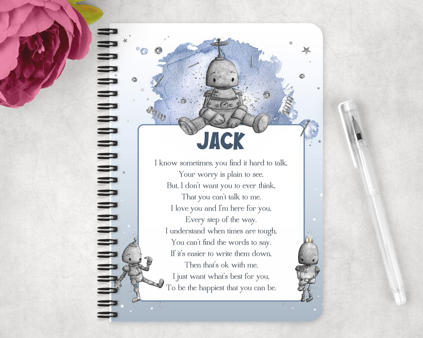 Personalised Robot Worry A5 plastic Notebook