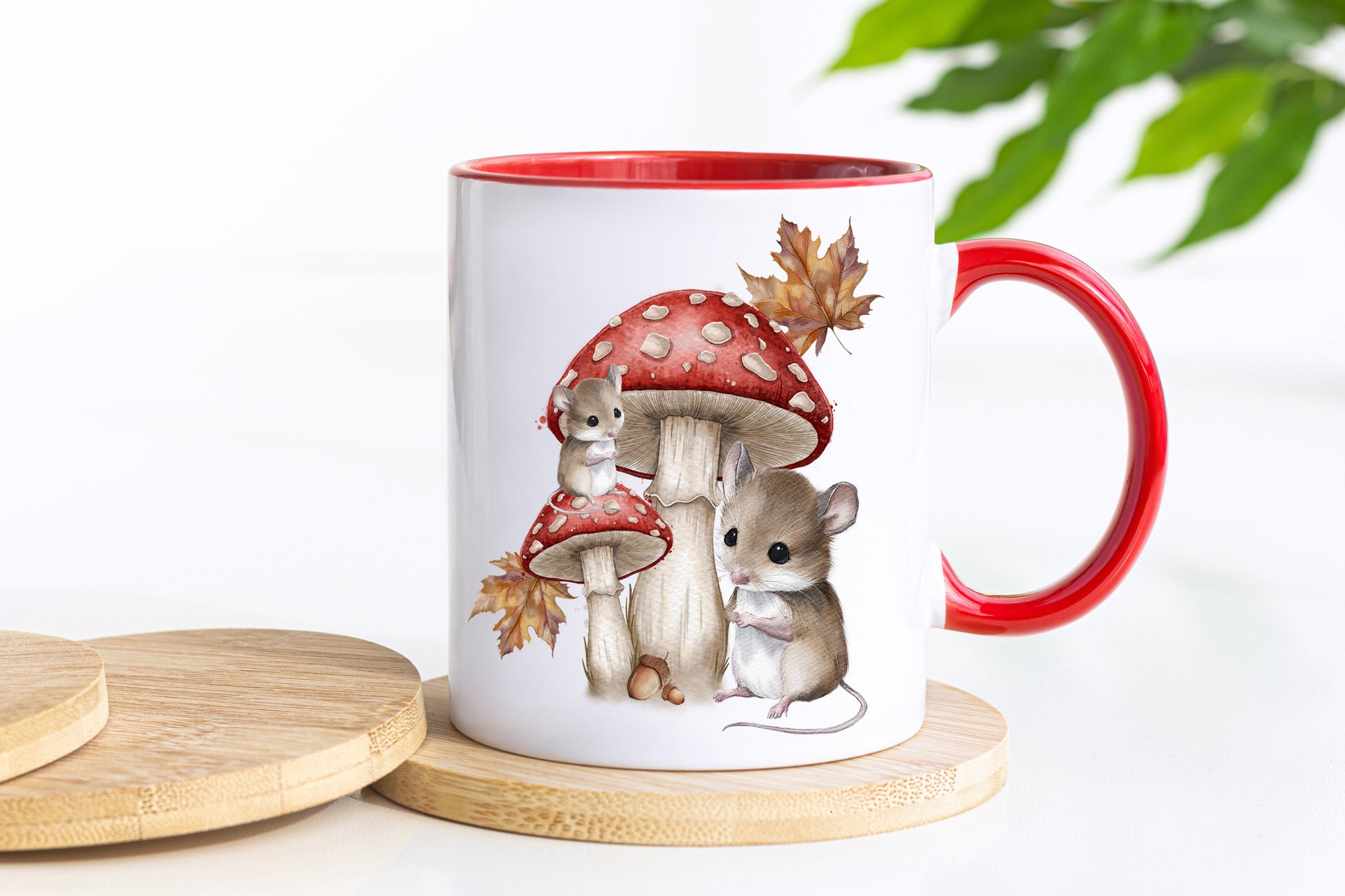 Woodland mice and Mushroom Red handled mug image 0