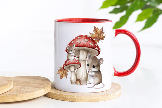 Woodland mice and Mushroom Red handled mug image 0