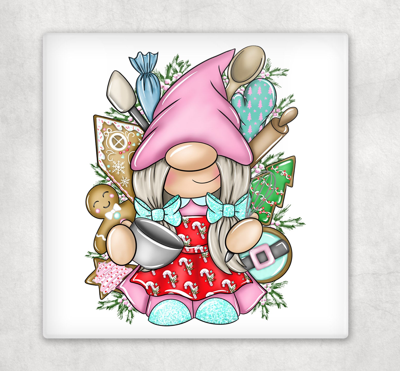 Female Christmas Baking Gonk Glass Coaster image 0