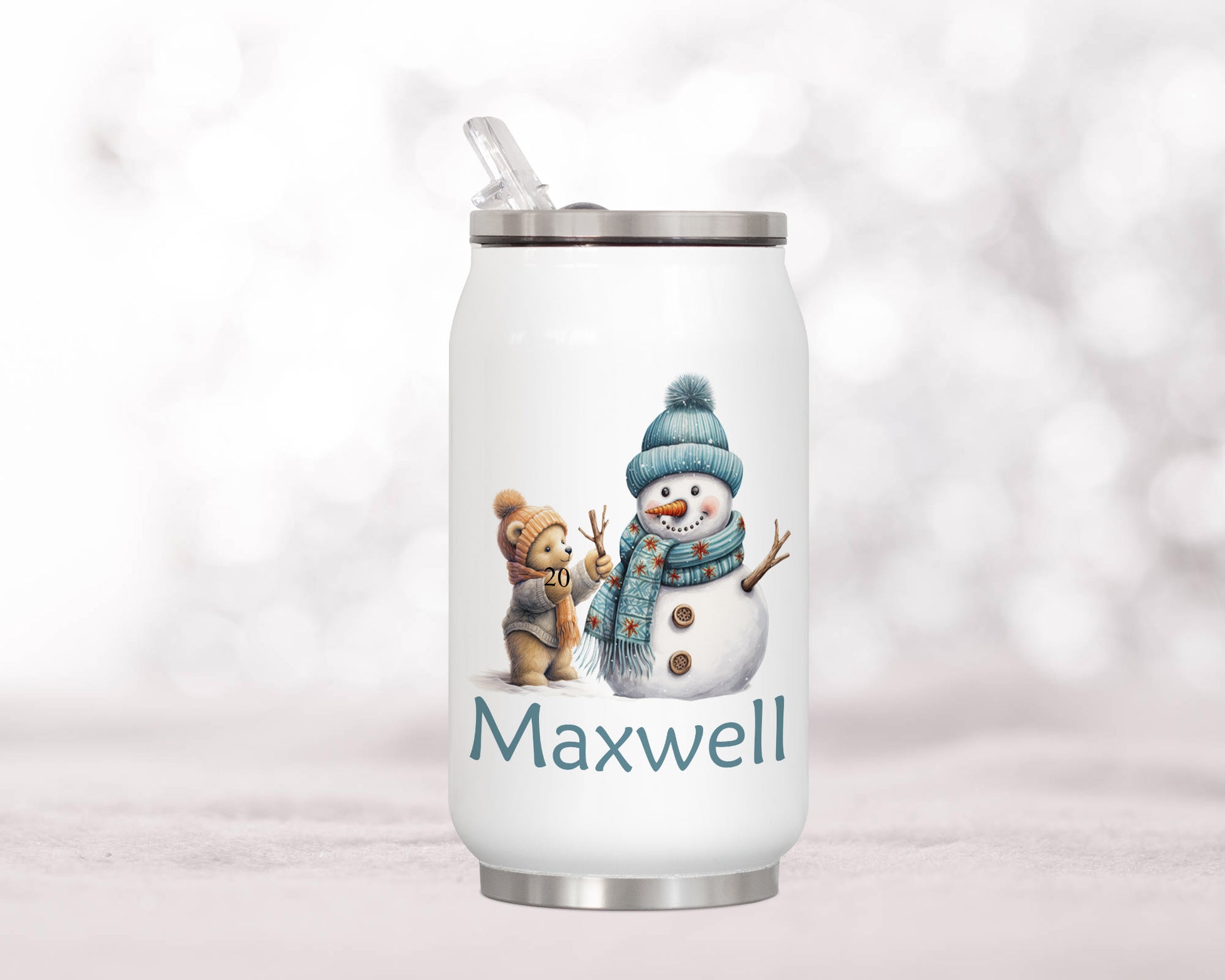 Teddy bear building a snowman drinking can personalised image 0
