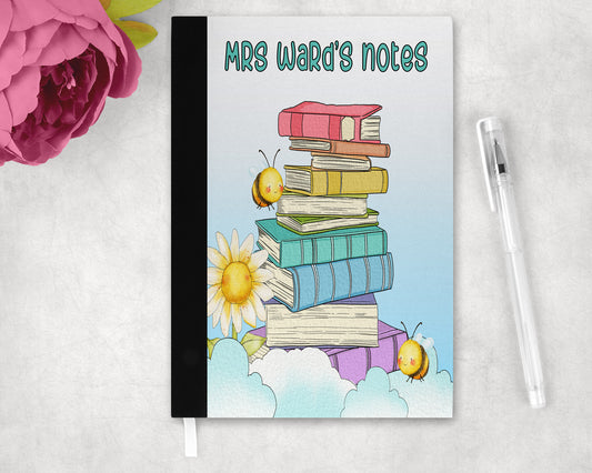 Personalised bookstack, flower and bees notebook