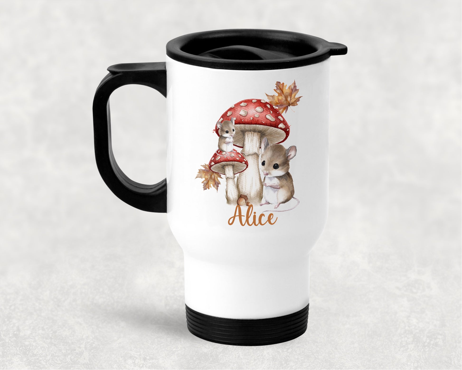 Woodland Mice and Mushrooms Personalised Travel mug image 0