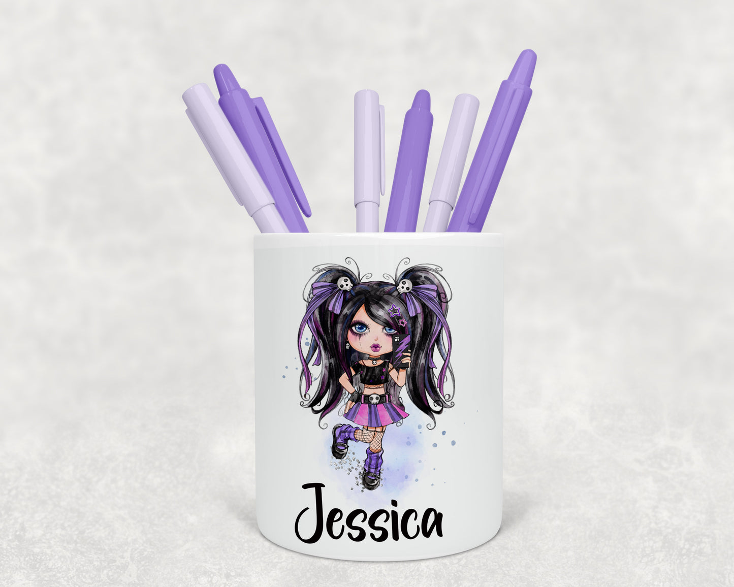 Gothic style black and purple hair girl personalised pen pot image 0