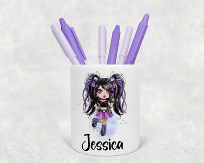 Gothic style black and purple hair girl personalised pen pot image 0